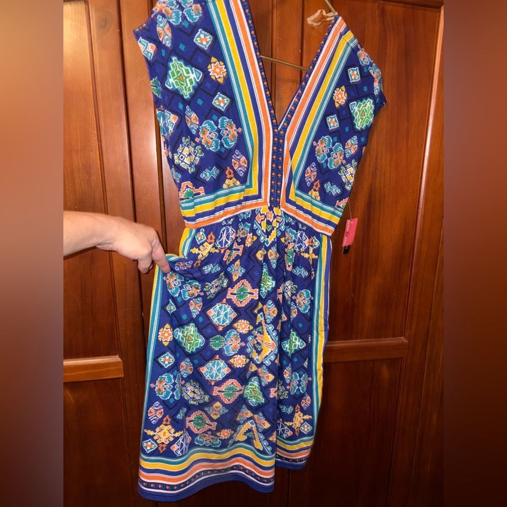 Blue and White Sleeveless Plunge Sundress #1298